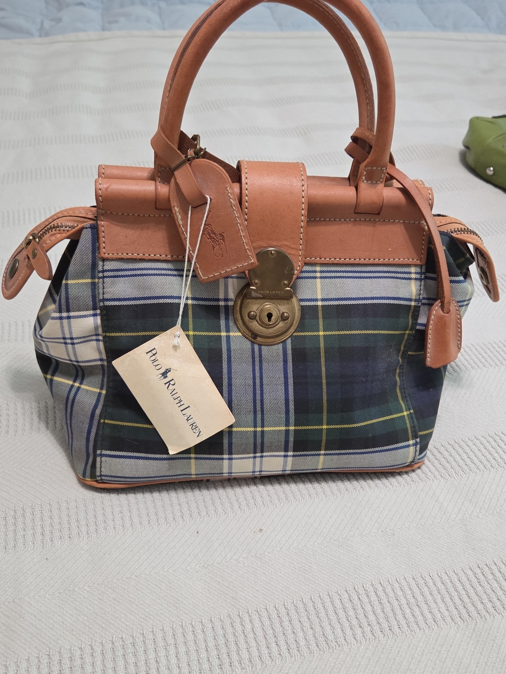 Vintage 90s Polo Ralph Lauren Tartan Plaid Satchel Bag Leather Lock & Key EUC